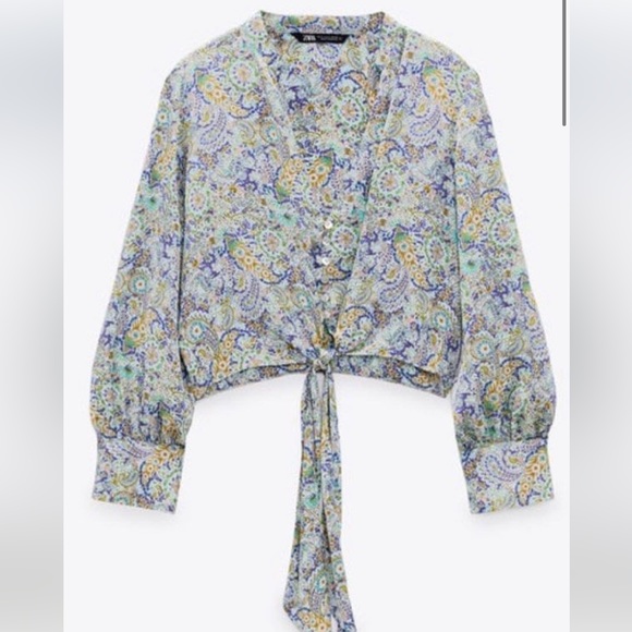 Zara L/S Paisley Tie Front Crop Top 100% Poly - Picture 2 of 7